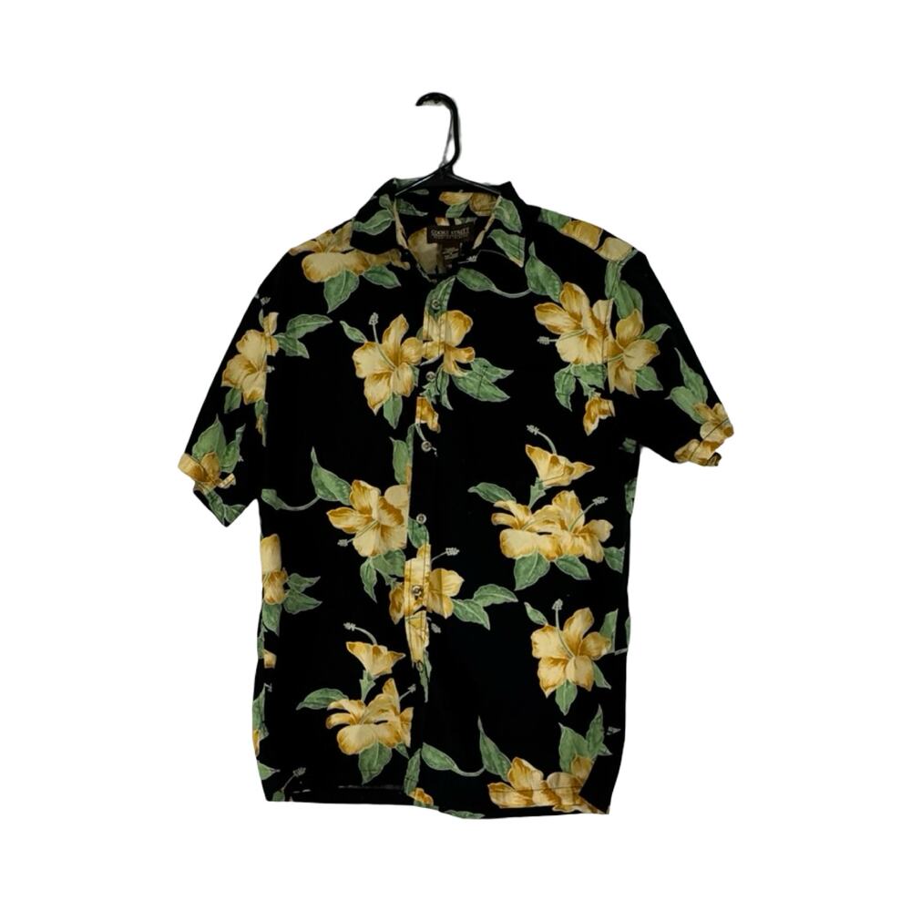 Cooke Street Hawaiian Islands Mens M Black Yellow Hibiscus Floral Aloha Cotton